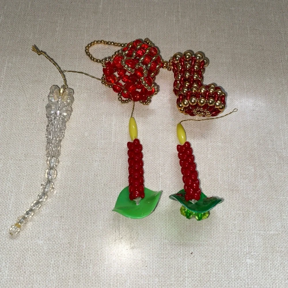 Vintage Handmade‎ Beaded Christmas Ornaments Bell Stocking Candlesticks 5 Pc Lot